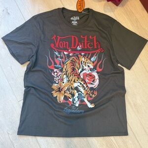 Von Dutch tiger rose tee shirt soft brown cotton embroidered